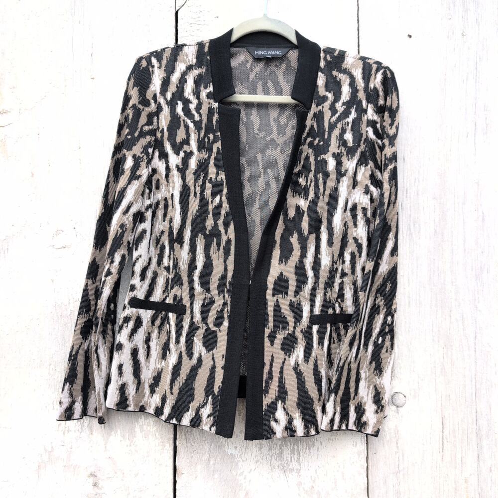 MING WANG Tailored Animal Print Cardigan Notched Collar Career Office Women's XS